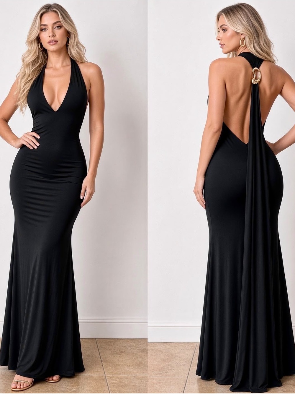 Elegant Black Halter Backless Maxi Dress